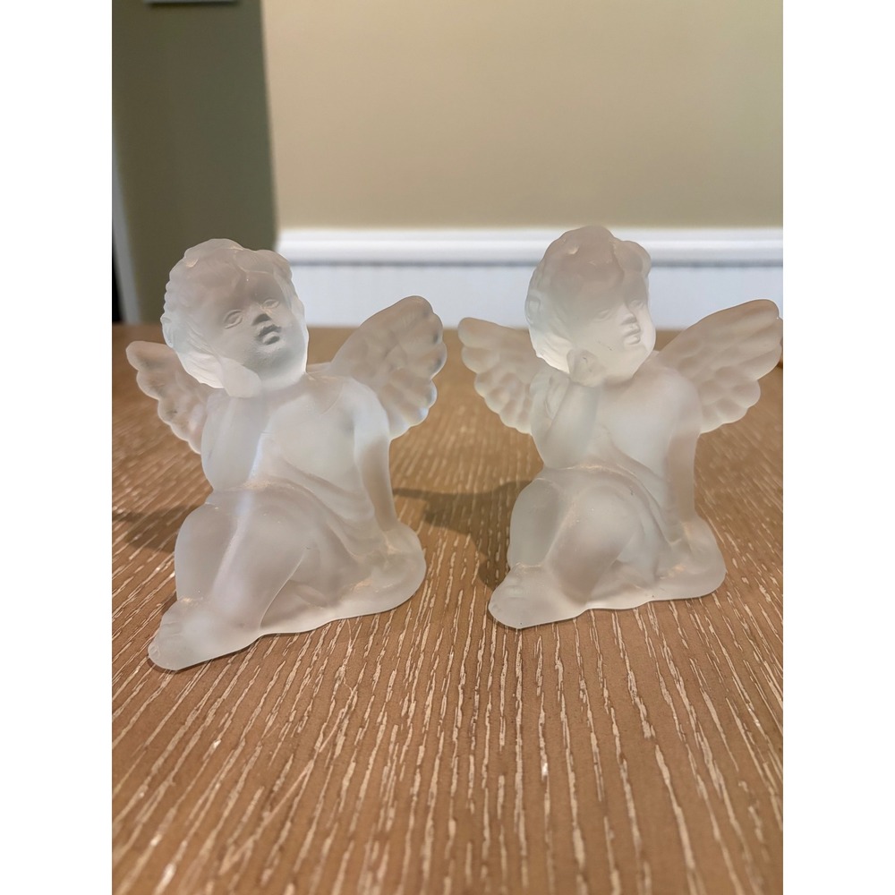 Vintage Frosted Glass Sitting Angel Cherub Candle Holders Set of 2 Winged 4"